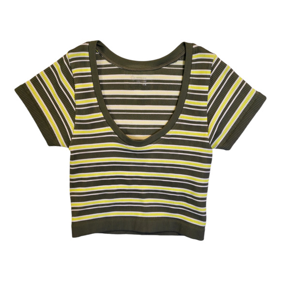 aerie Tops - Offline by Aerie Tee Womens Medium Olive Green/Yellow Seamless Rib Scoop Neck